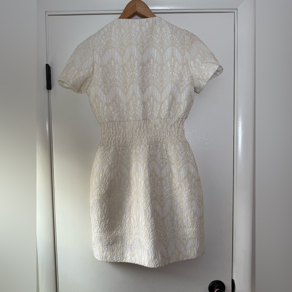 Maje Roxa Jacquard Mini Dress Zip Front Short Sleeve Gathered Waist Ecru Medium - Picture 16 of 16